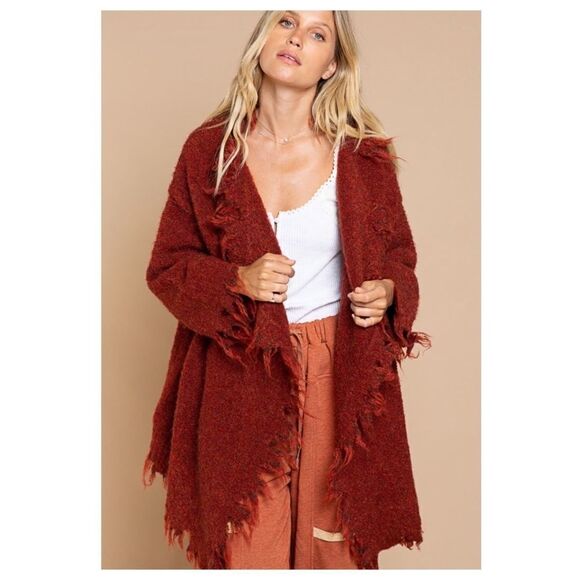 WOOL Blend Long cardigan with distressed Hemline in Terracotta - Picture 7 of 14